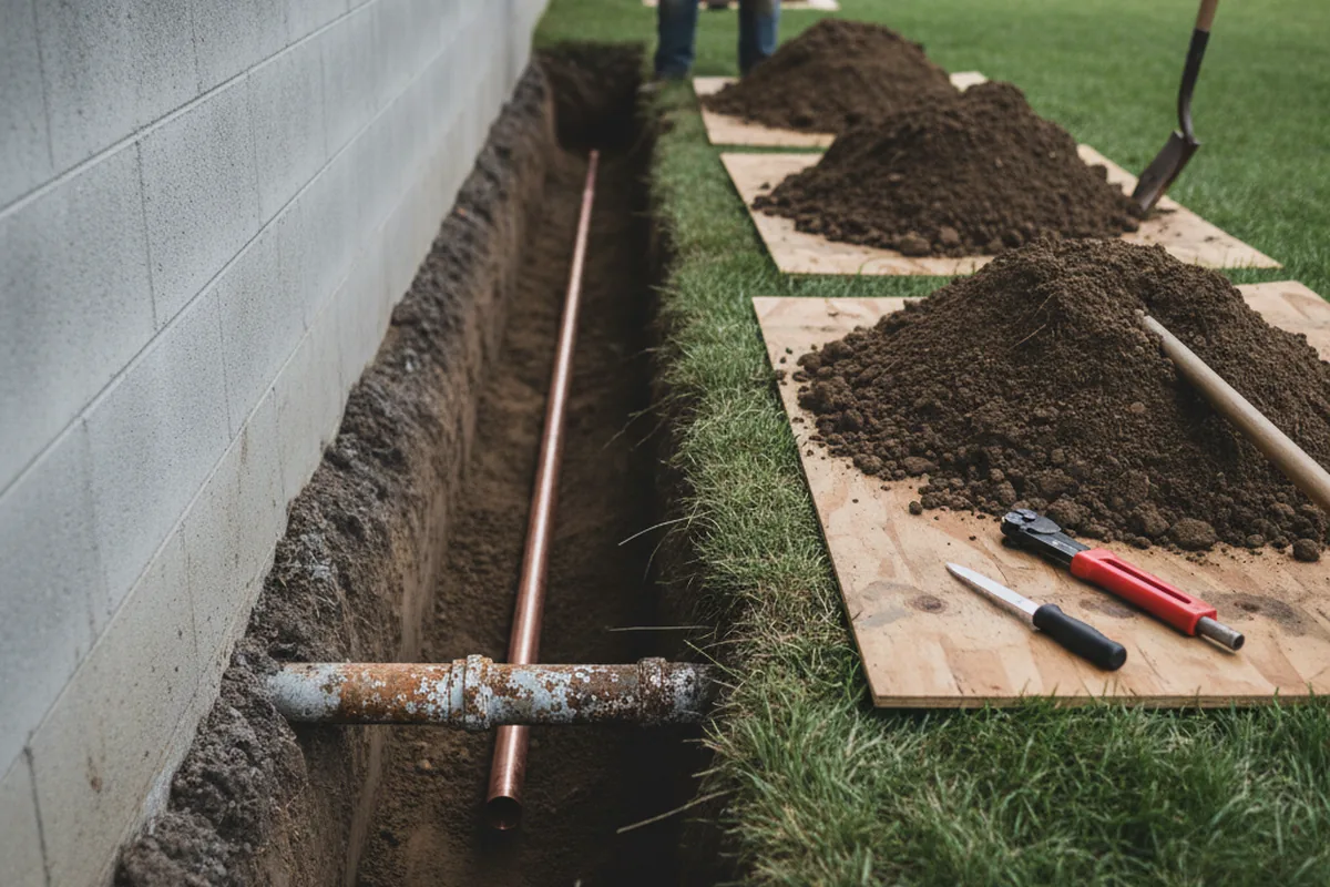 Excavated water line trench during Sewer Line Repair in Scarsdale